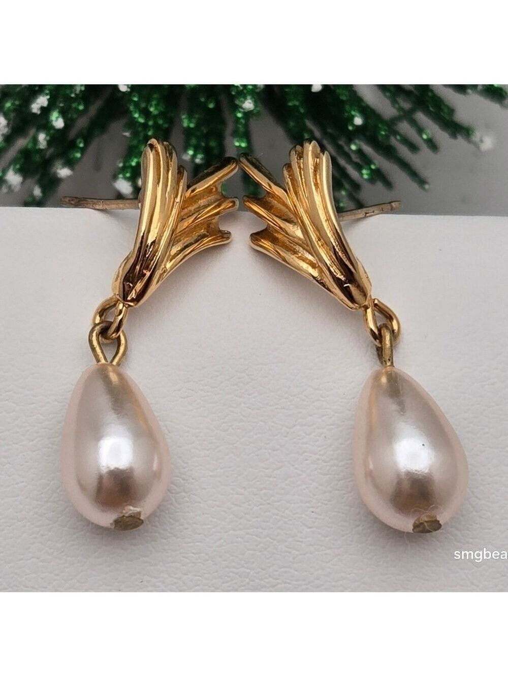 Vintage Richelieu Faux Pearl Drop Stud Earrings Gold Tone
